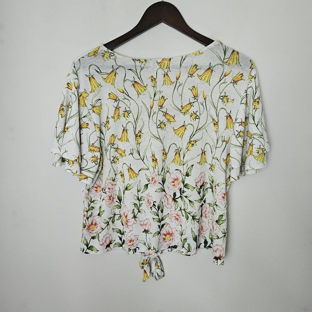 Lily White Blouse Floral Print Top Yellow Pink Green V-Neck Tie Front Casual - Picture 4 of 8